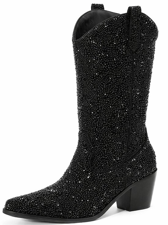 Shoes - Women's Black-a faux leather Pointed Toe Heel Cowgirl Boots with Pull On Tabs